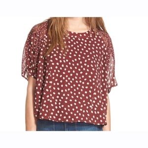 Madewell Silk Prose Paint Dot Print Sheer Sleeve Red White Polka Top Medium